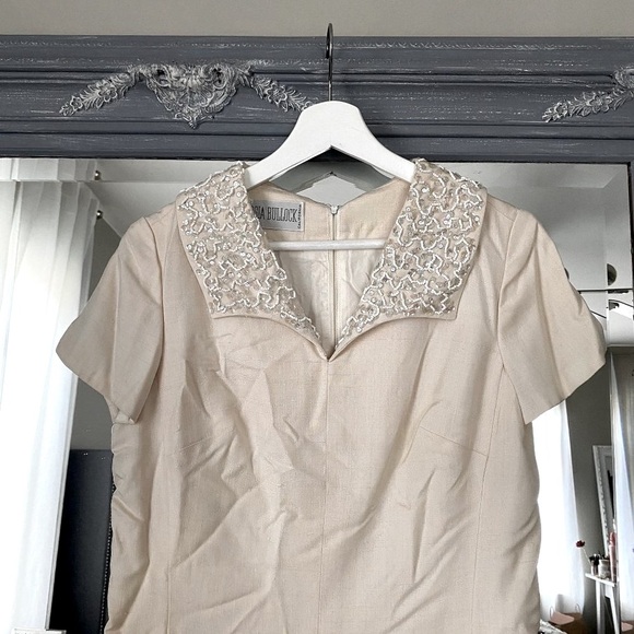 VTG Georgia Bullock Vintage Beaded Embellished Collar Linen Short Sleeve Dress 6 - Picture 4 of 8